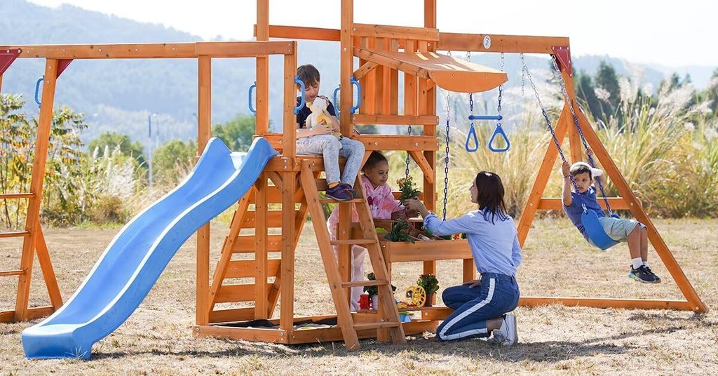Dolphin Playground Swing Set with Monkey Bar, Wave Slide, and 2 Belt Swings N189529