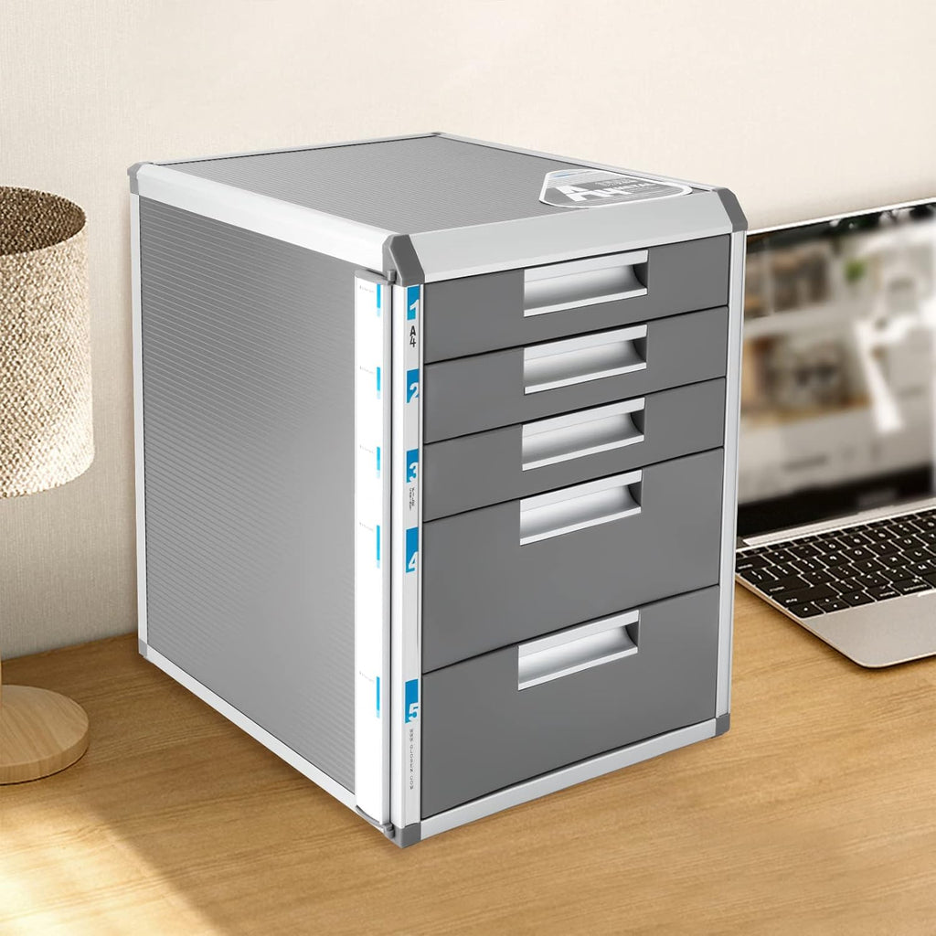 Desktop Drawer Organizer with Lock, 5-Layer Filing Cabinet Storage, Grey H82611