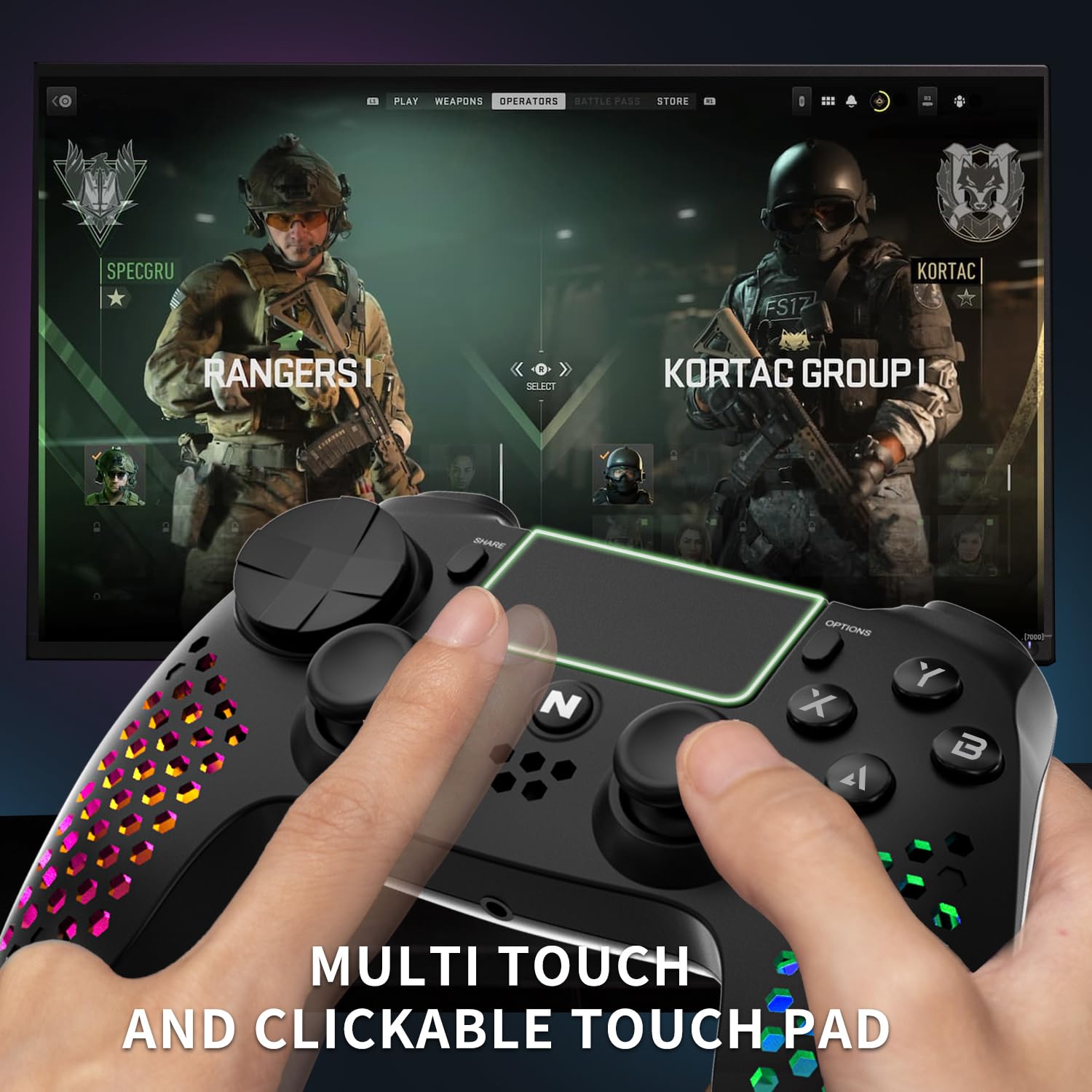 Nitho RGB Wireless Controller for PS4/PS5/PC/Android/iOS, Hexagonal Design Joystick with Vibration R4021