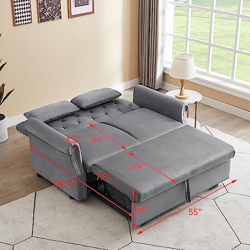 55" Button Tufted Upholstered Futon Loveseat Daybed Convertible Sofa Bed, Gray Velvet J646936