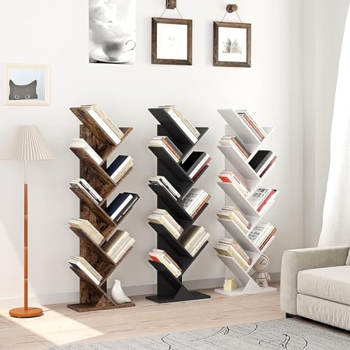 Function Home 9 Tier Tree Bookshelf, Modern Geometric Bookcase, Rustic Brown D254