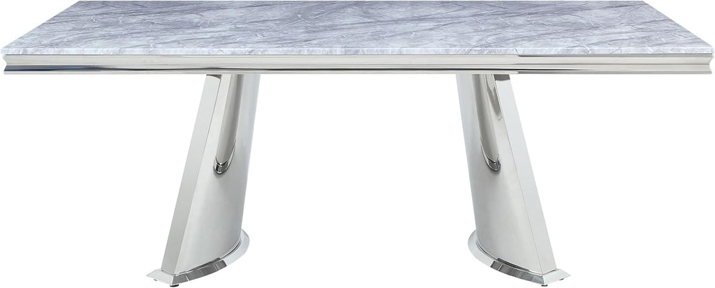 Acme Destry Dining Table Faux Marble Top Mirrored Silver N3023