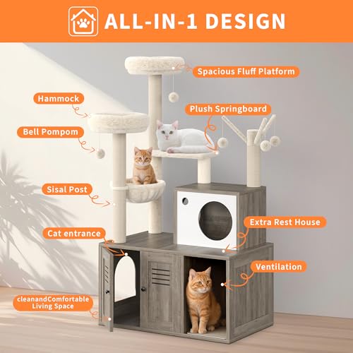 Cat Litter Box Enclosure with Cat Tree Tower, Sisal Scratching Post, Rustic Brown U730