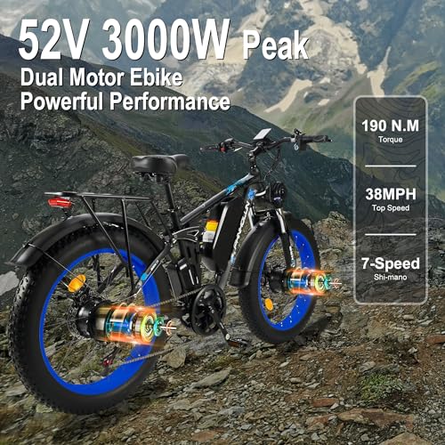 Seeker24 3000W Peak Dual Motor Fat-Tire Electric Bike for Adults, 52V 25AH, Full Suspension K89163