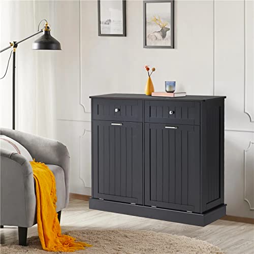 Tilt Out Trash Cabinet with Hideaway Drawer, Bamboo Cutting Board, White V636