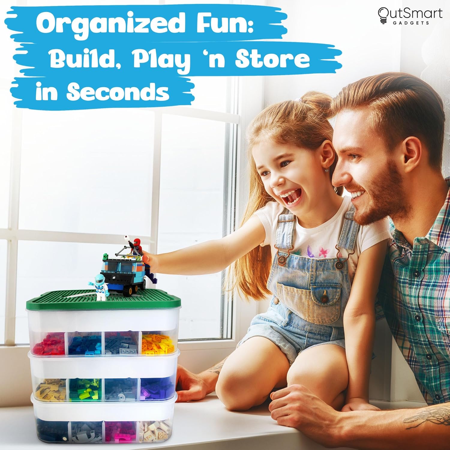 Plastic Stackable Toy Storage Organizer Bin with Adjustable Compartments, ABC Stickers and 2 Lids Included V1011
