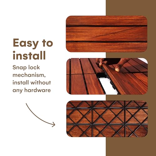 Flybold Interlocking Deck Tiles Teak Wood 12" x 12" Weather Resistant Anti-Slip Patio Pavers Pack of 10 M48059