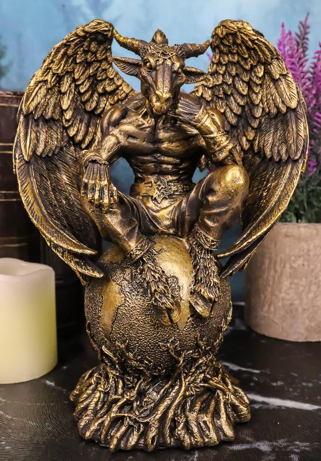 Ebros Gift Sabbatic Goat Baphomet Sitting on Globe Statue 7.75" Tall Q365810