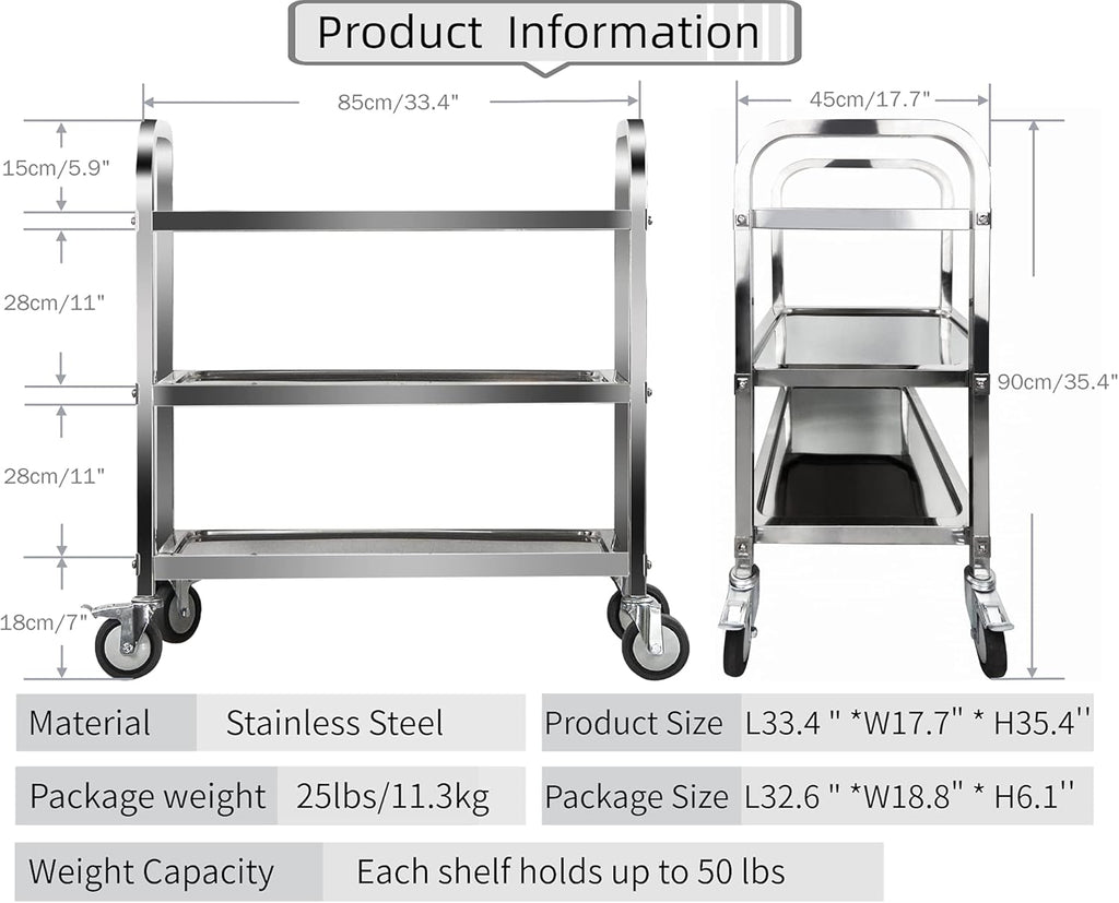 Marada 3 Tier Stainless Steel Utility Cart with Locking Wheels R44311