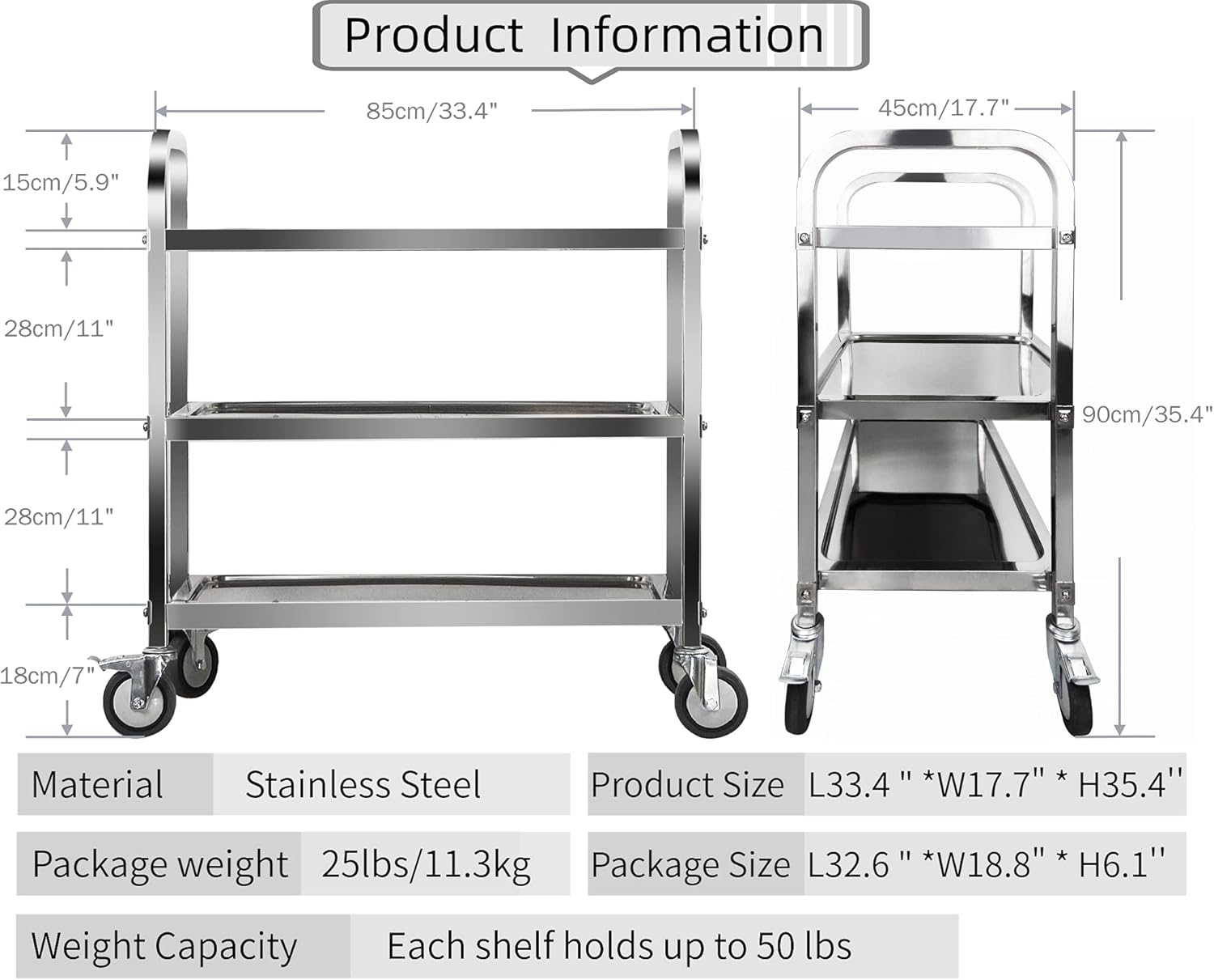 Marada 3 Tier Stainless Steel Utility Cart with Locking Wheels R44311