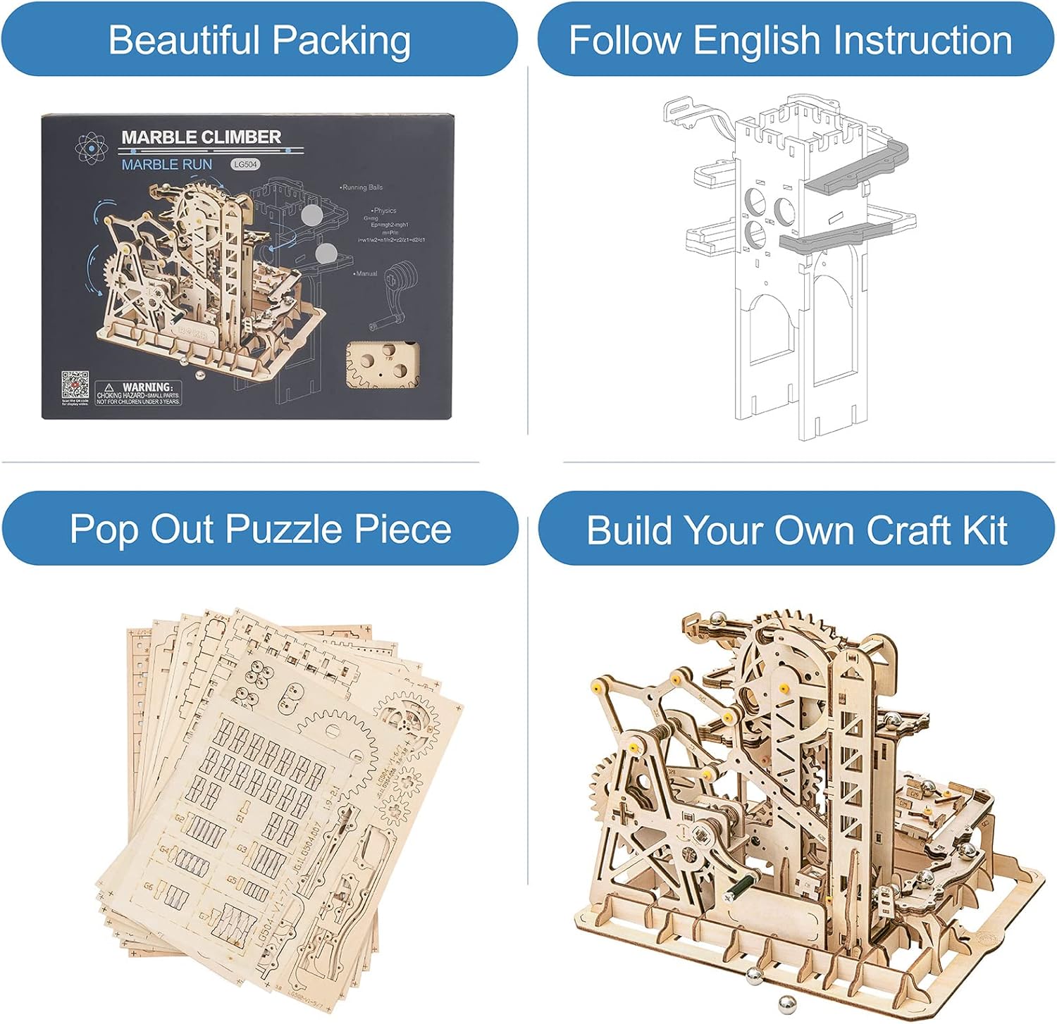 Rowood 3D Wooden Marble Run Puzzle Craft Toy, DIY Model Building Kit for Adults & Teens Y280652