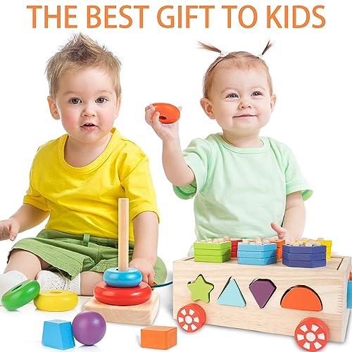 Bravmate Montessori Toys for 1 Year Old, Wooden Shape Sorter Stacking Rings, Pull Along Educational Toy J81872