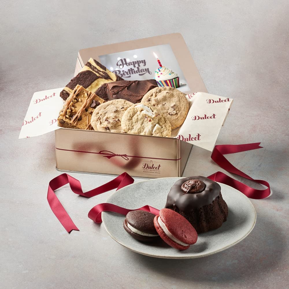 Dulcet Gift Baskets Happy Birthday Sampler Tin with Brownies, Cookies, Whoopie Pie and More for Mom, Dad, Him, Her, College Student, Military, Teens, Friends, Co-worker, Teacher, Boy or Girl