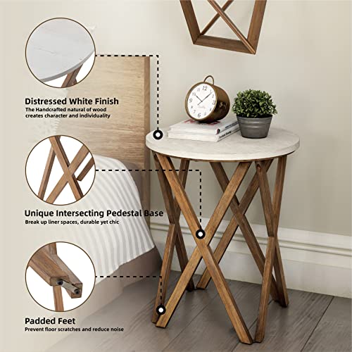 Pedestal Farmhouse End Table Set of 2, Distressed White, Round R325971
