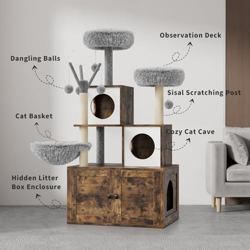 57.5-Inch Cat Tree with Litter Box Enclosure, Oak Brown D61275