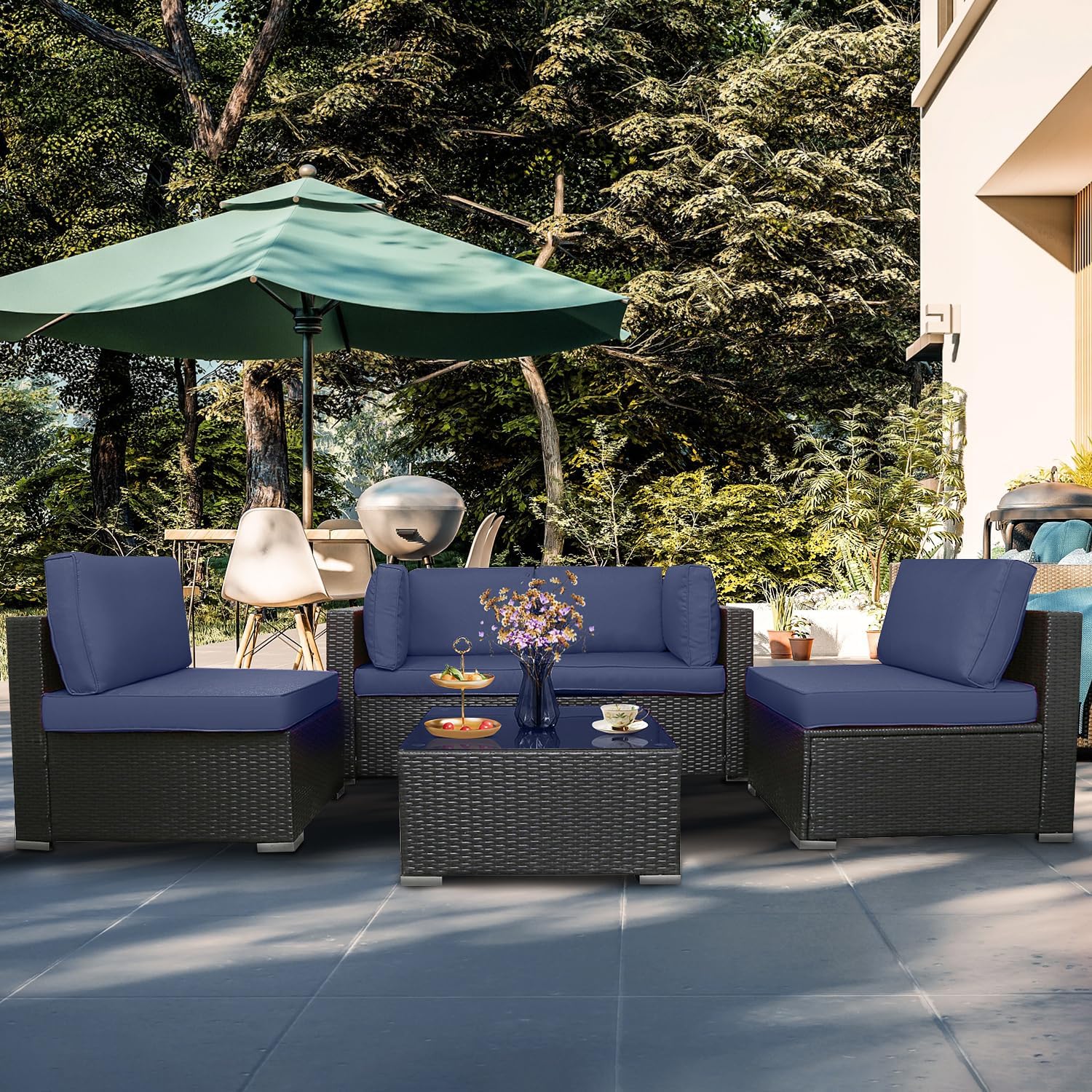 Wicker Patio Furniture Set 5 Piece Outdoor Sectional Rattan Sofa with Cushions and Glass Table L512475