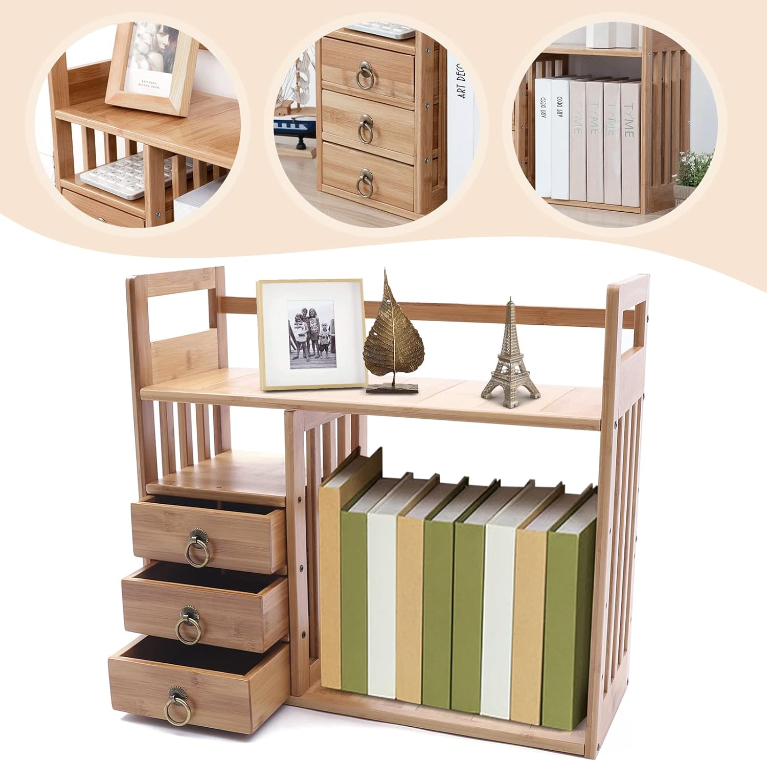 Bamboo Desk Shelf Organizer with 3 Drawers, Natural V13178