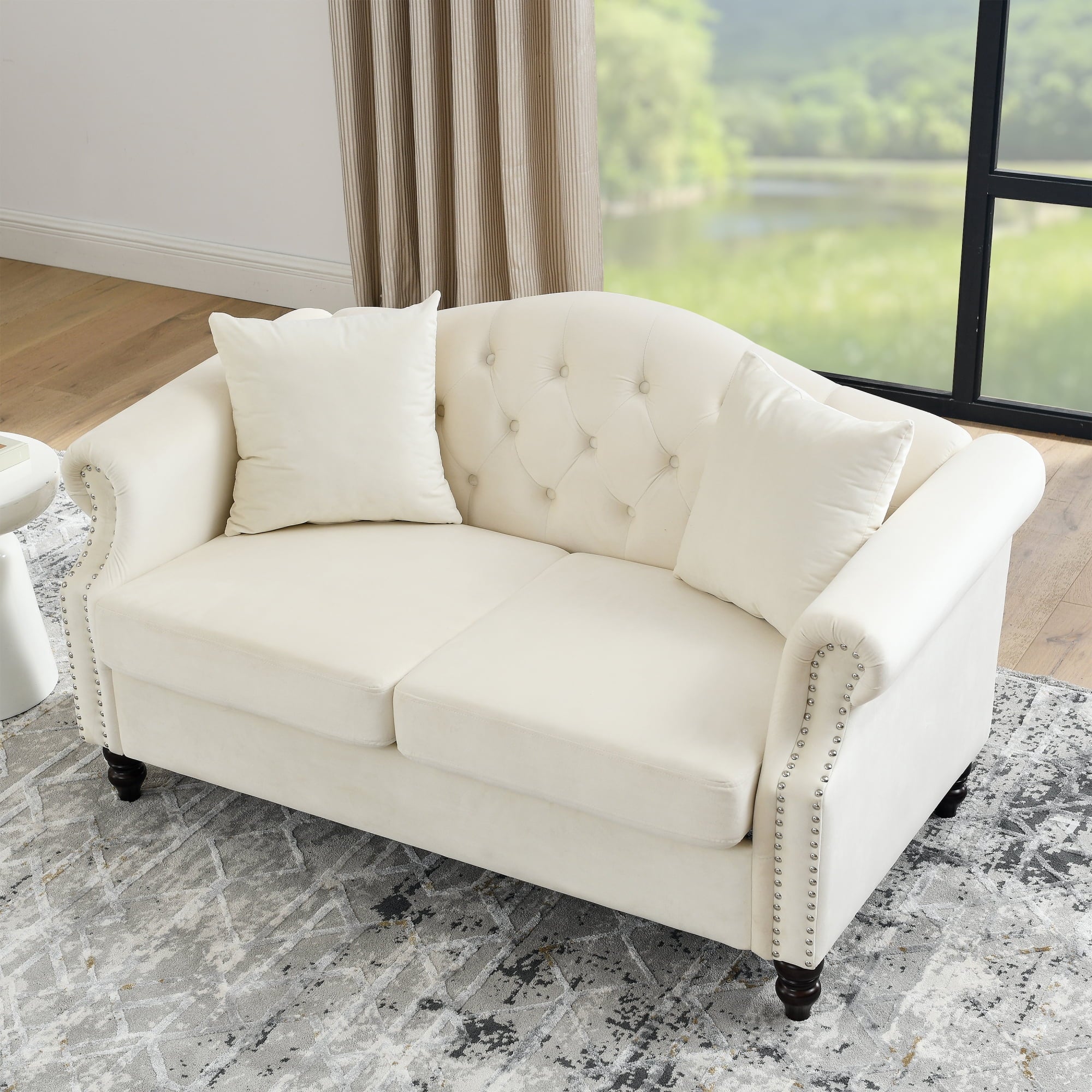57" Chesterfield Sofa Grey Velvet 2 Seater Tufted Couch with Rolled Arms V45945