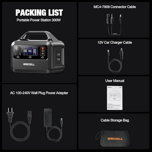 GRECELL Portable Power Station 300W, 230Wh LiFePO4 Battery, Solar Generator for Camping K3905