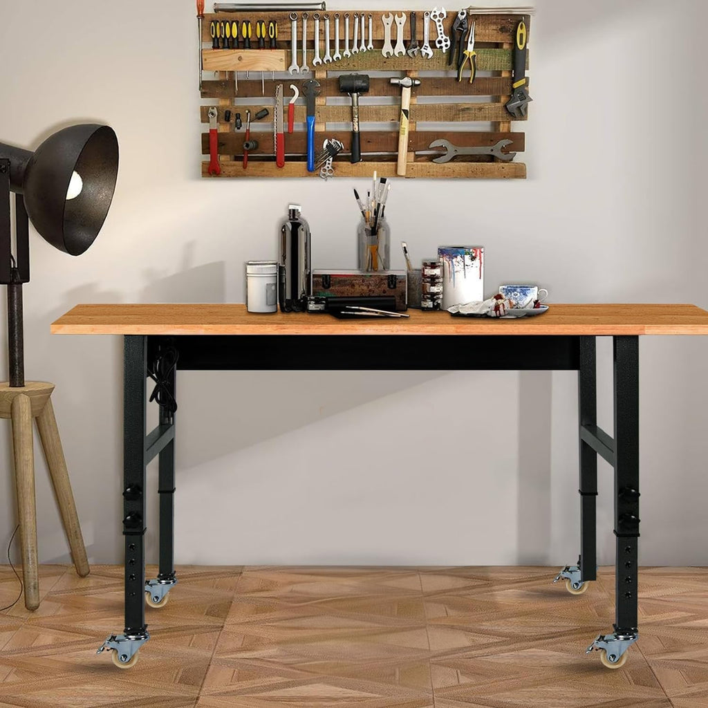 60" Adjustable Work Bench with Rubber Wood Top, Power Outlet & Wheels P226991