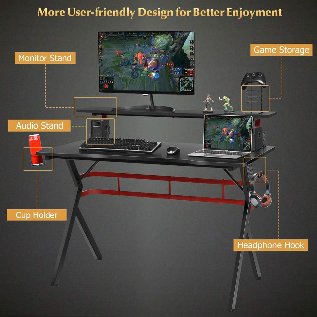 POWERSTONE Gaming Desk 47.5" with Monitor Shelf, Cup & Headphone Holders V324250