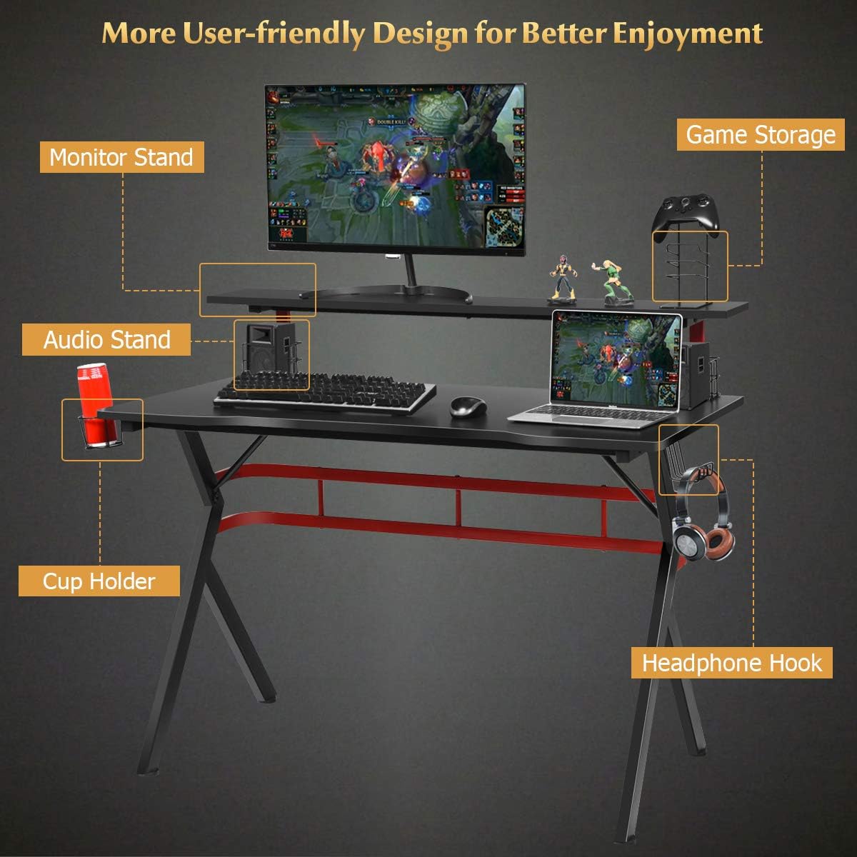 POWERSTONE Gaming Desk 47.5" with Monitor Shelf, Cup & Headphone Holders V324250