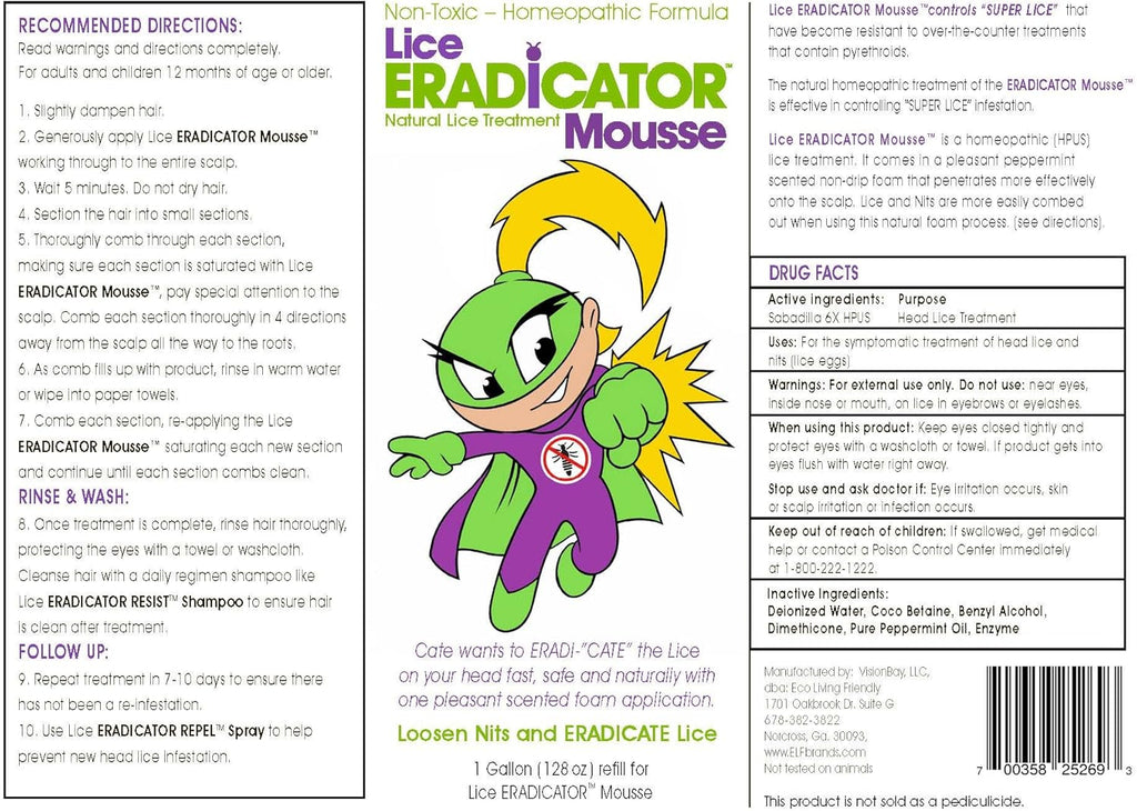 Lice Eradicator Foam Mousse 1 Gallon Refill Bottle, Non-Toxic Peppermint Formula J735414