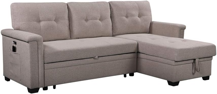 Linen Tufted Sectional Sleeper Sofa with Storage Chaise and Pull Out Bed, Light Gray M466231