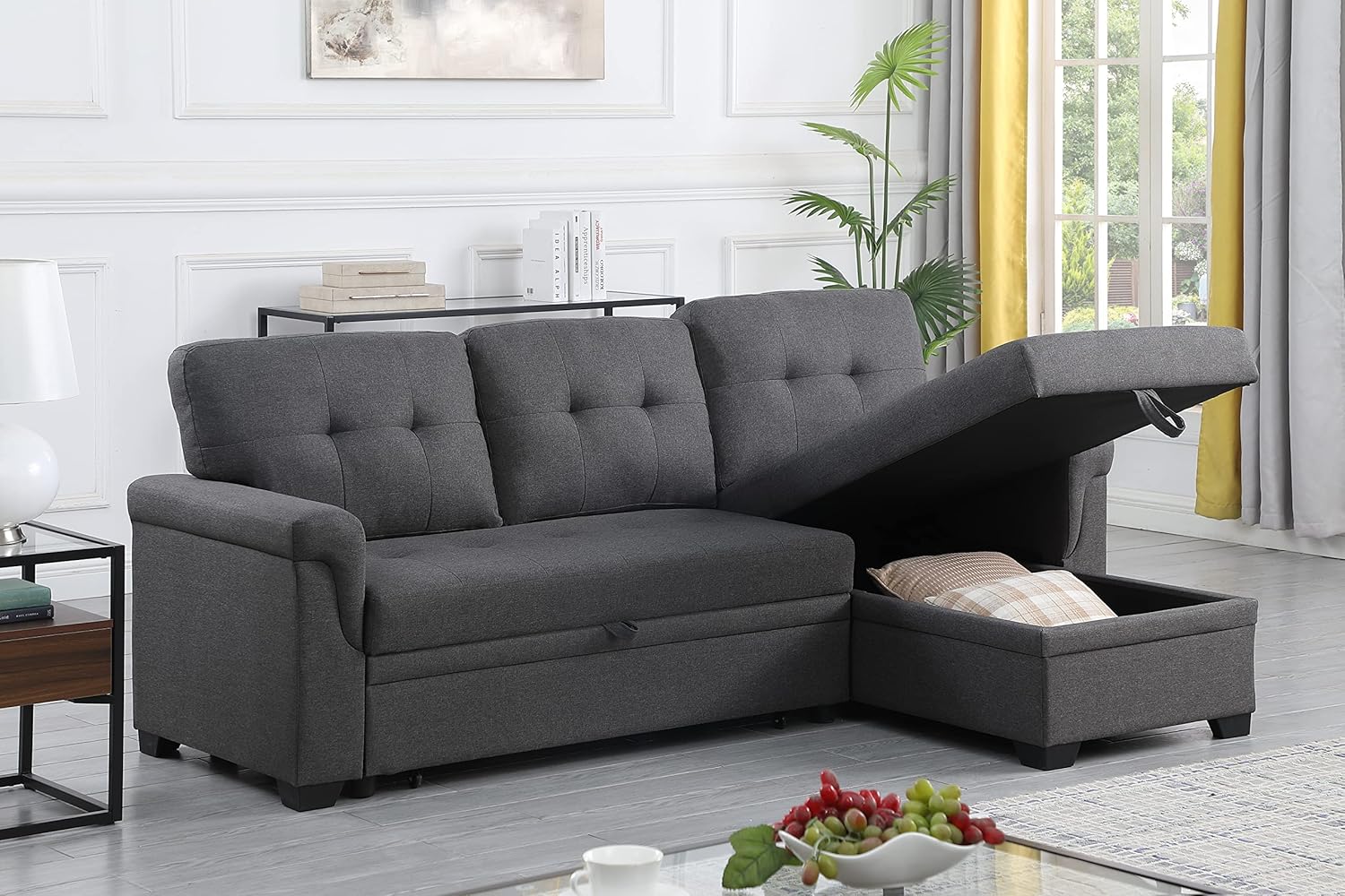Modern L-Shaped Reversible Sectional Sofa with Storage Chaise, Dark Gray, 84 Inch B83990