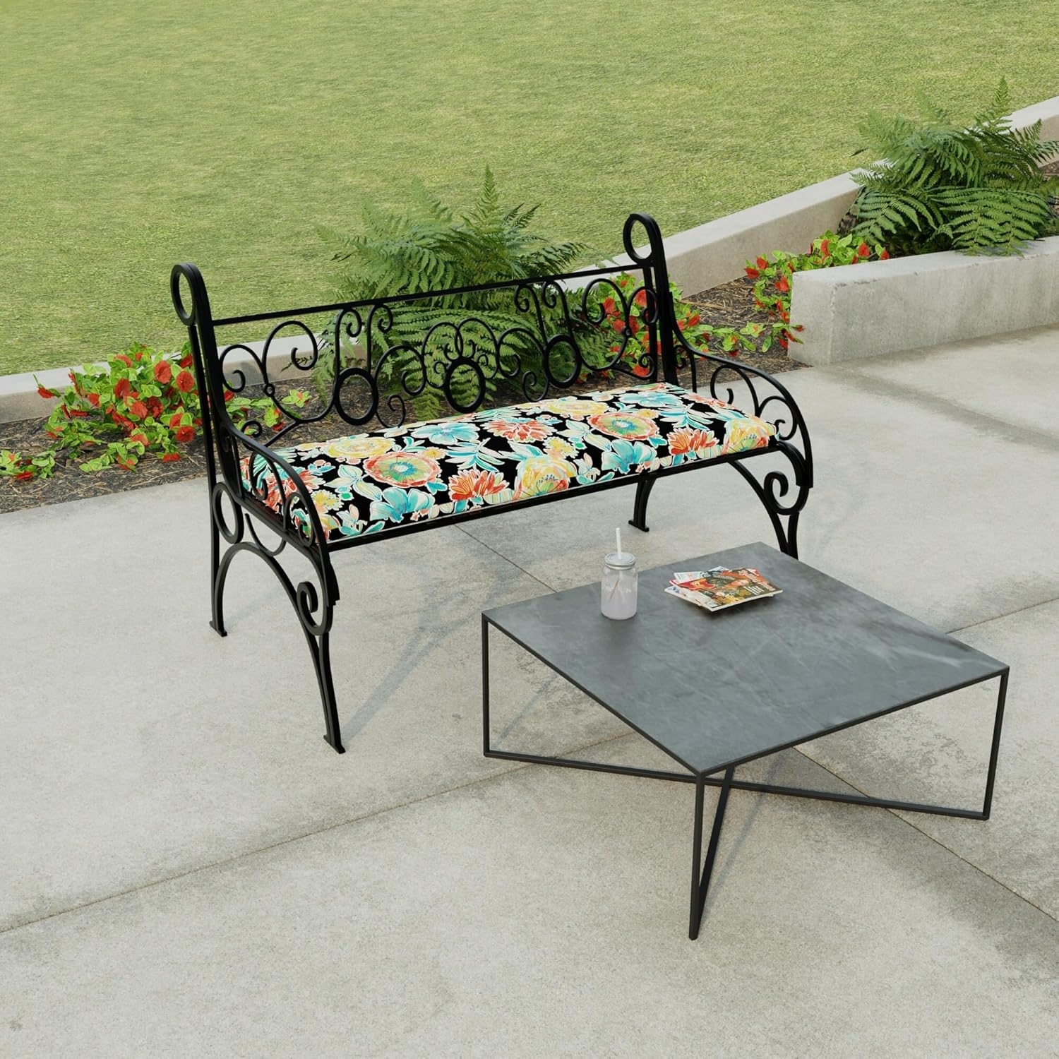 48" x 18" Black Floral Outdoor Bench Cushion with Ties