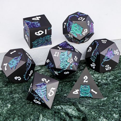 Metal DND Cat Dice 7PCS Polyhedral RPG Dice Set with Gift Case B373640