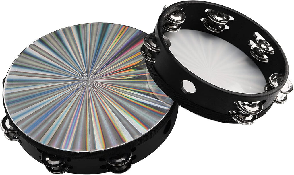 YOUEON 2 Pack Radiant Tambourine with Double Row Jingles, 8/10 Inch Wood Hand Drum H389
