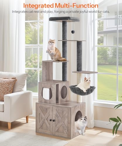 HOOBRO Cat Tree with Litter Box Enclosure, Wooden, 67.7" H I160
