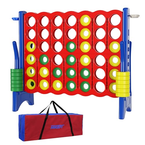 Oversized 4 in a Row Connect Game,Giant Carry Bag Included-4 ft WideX3.5 ft Tall,4-to-Score Jumbo with 44 Pieces Rings&Cup Holder,48” Giant Indoor&Outdoor Game for Kids-Adults-Giant Yard (Red&Blue)