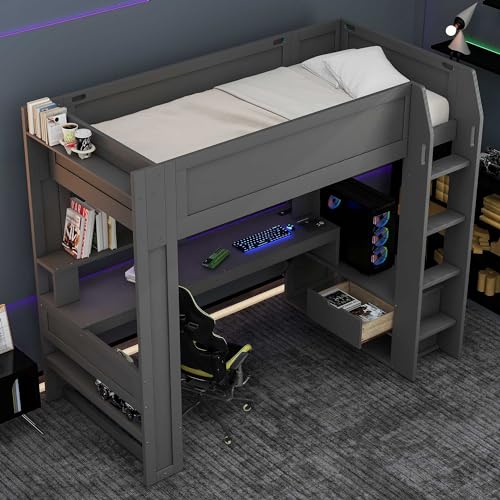 Wood Twin Size Gaming Loft Bed with Desk and Charging Station, Dark Gray A9765