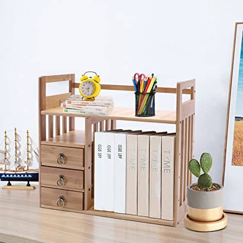 Bamboo Desktop Bookshelf with 3 Drawers, Nut-Brown B80264