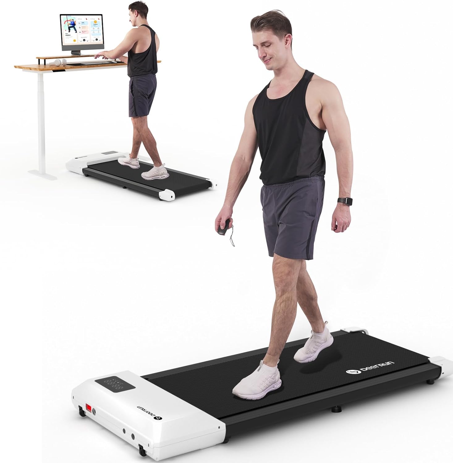 DeerRun Walking Pad Treadmill Under Desk, 2 in 1 Walking Pad Portable Treadmill with 265lbs Capacity, Under Desk Treadmill for Home/Office in LED with Wheels