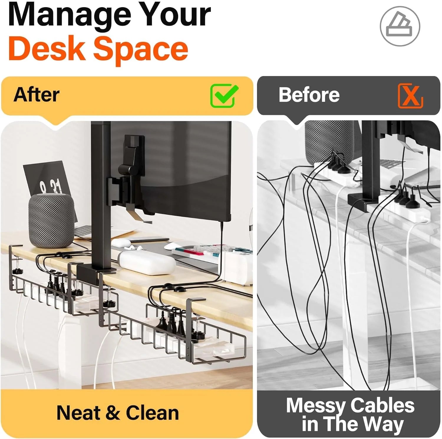 2 Pack Under Desk Cable Management Tray, 31.4" No Drill Metal Cord Organizer, Black P622