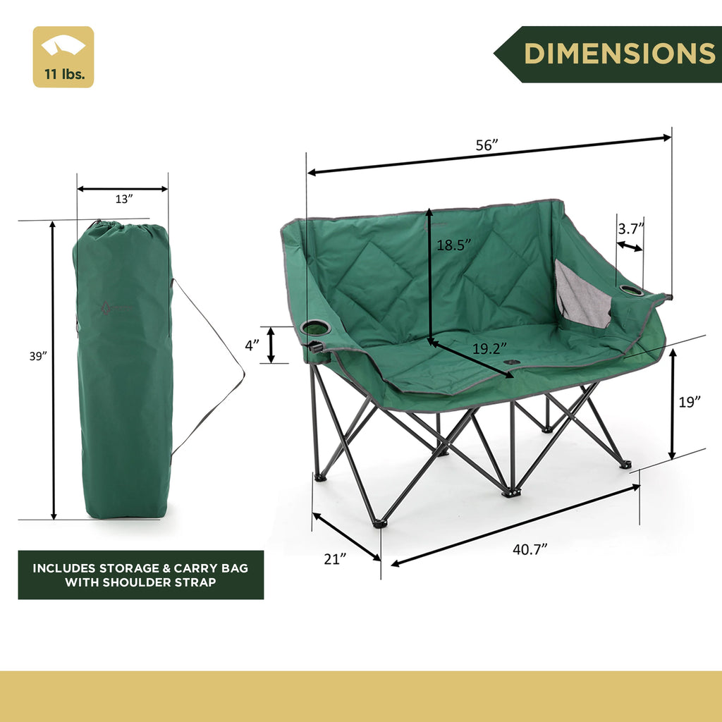 ARROWHEAD OUTDOOR Portable Folding Double Camping Chair with Cup Holders, Padded Seats, Carrying Bag, 500lbs Capacity (Green) N8854