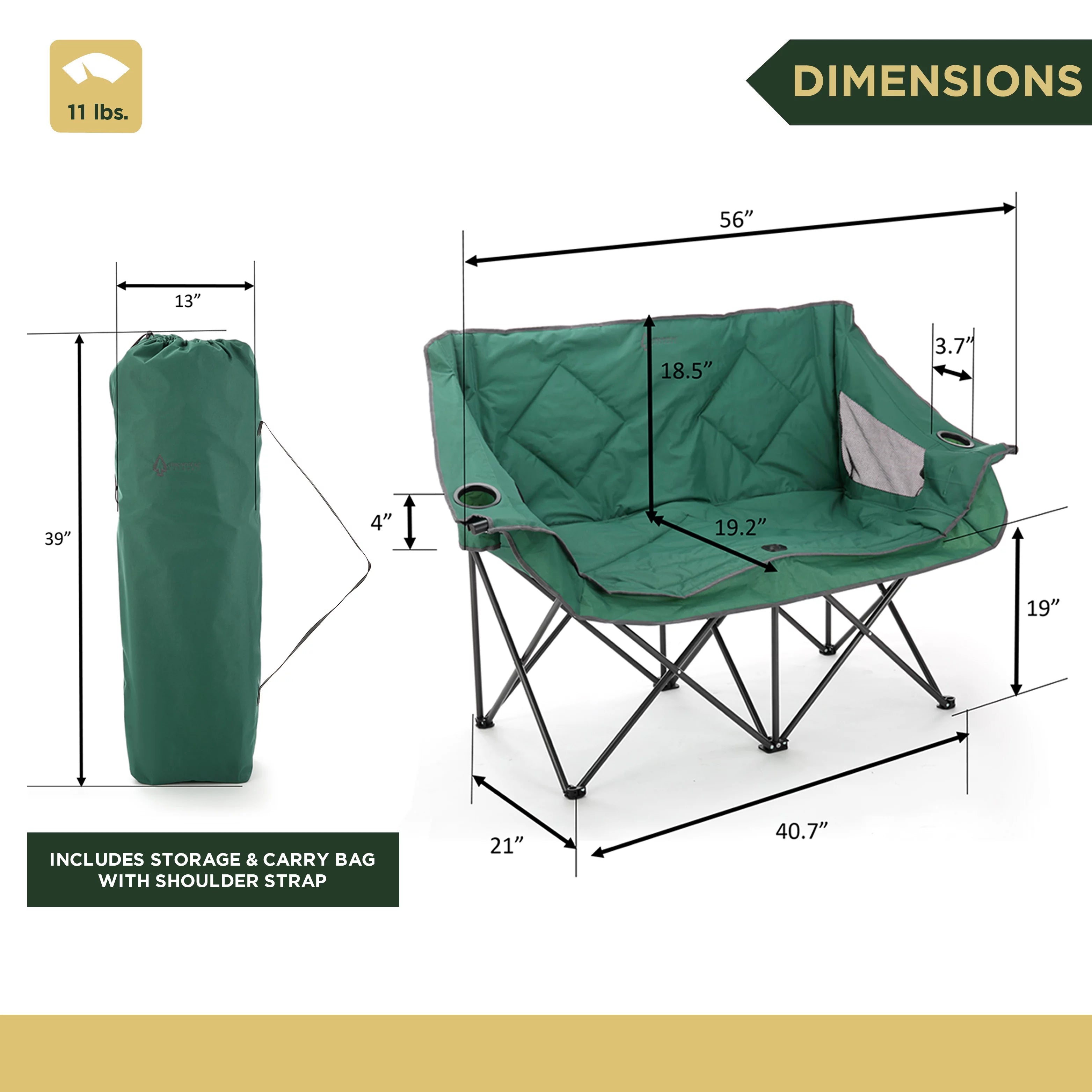 ARROWHEAD OUTDOOR Portable Folding Double Camping Chair with Cup Holders, Padded Seats, Carrying Bag, 500lbs Capacity (Green) N8854