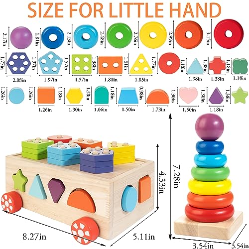 Bravmate Montessori Toys for 1 Year Old, Wooden Shape Sorter Stacking Rings, Pull Along Educational Toy J81872
