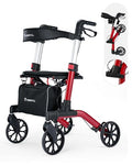 Rollator Walker with Seat, Foldable Rolling Walker with Durable Aluminum, Height Adjustable, 8" Big Wheels for All Terrain, Ergonomic Seat and Backrest,Lightweight Walkers for Seniors Adult (Red)