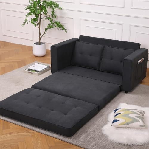 3 in 1 Upholstered Convertible Futon Sofa Bed with Side Pockets, Dark Grey Q88099