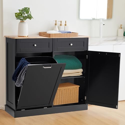 13 Gallons Tilt Out Trash Cabinet Kitchen Waste Bins Modern Kitchen Trash Cabinet with Adjustable Shelf and Hideaway Drawers, Pet Proof Trash Can Holder for Kitchen Living Room, Black