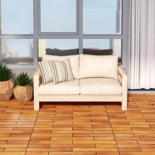 Solid Wood Interlocking Deck Tiles (Pack of 6, 24" x 12") Acacia, Indoor Outdoor, Waterproof W384040