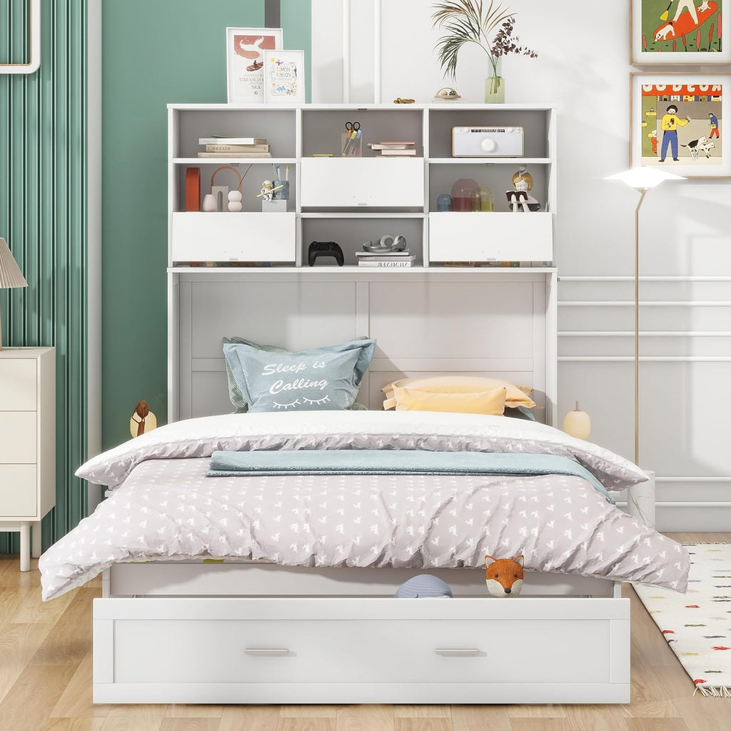 Queen Size Murphy Bed with Bookcase and Drawer, White S41953