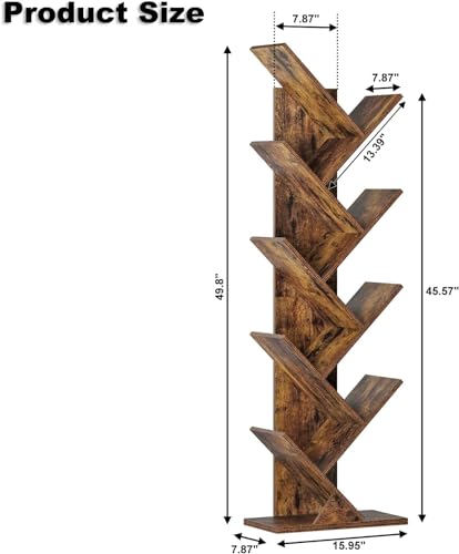 Function Home 9 Tier Tree Bookshelf, Modern Geometric Bookcase, Rustic Brown D254