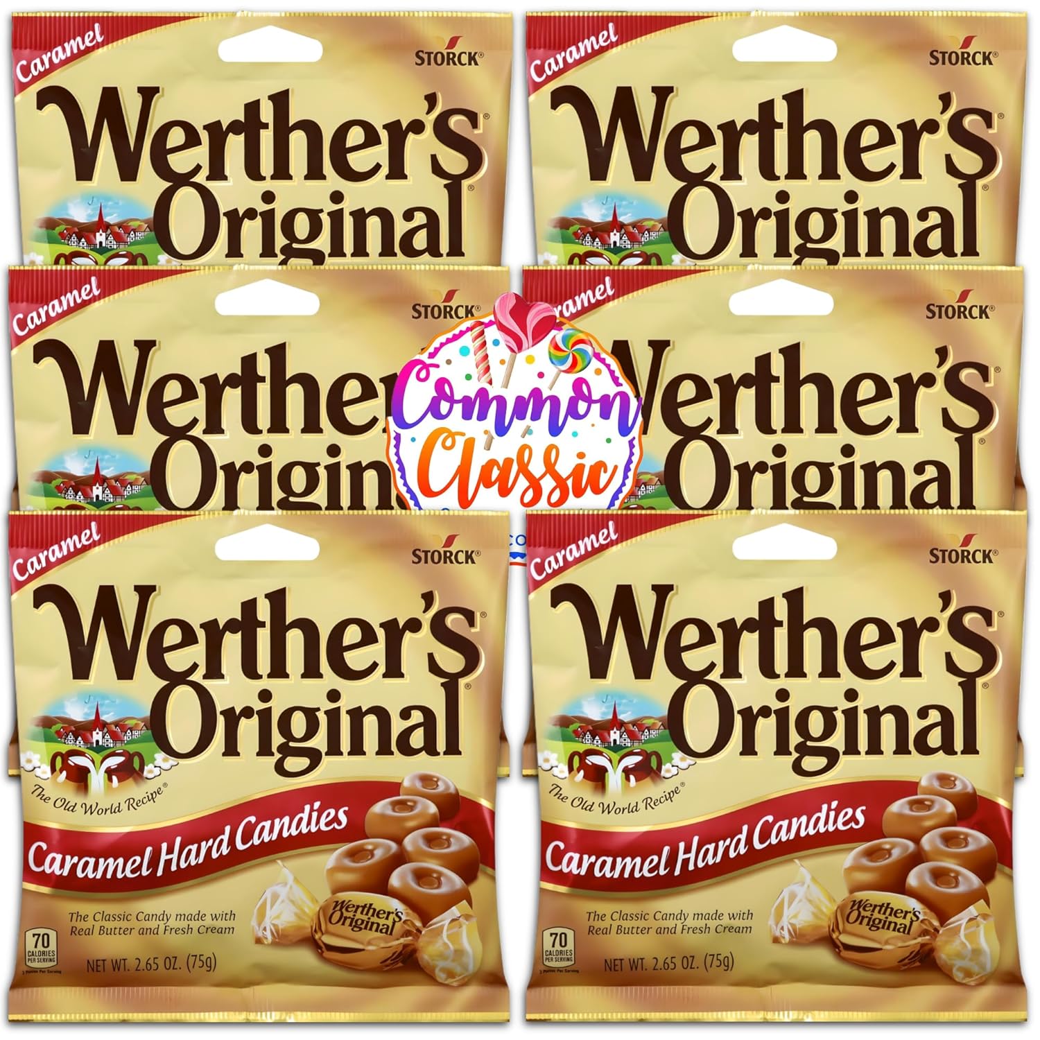 Werther's Original Caramel Hard Candy 2.65oz (Pack of 6) Packaged and Distributed by Common Classic Candy Company