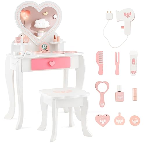 Costzon Kids Vanity Set, 2 in 1 Princess Makeup Dressing Table & Chair Set w/Detachable Tri-fold Mirror, Toddler Vanity with Drawer & Accessories, Pretend Play Vanity Set for Little Girls (White)