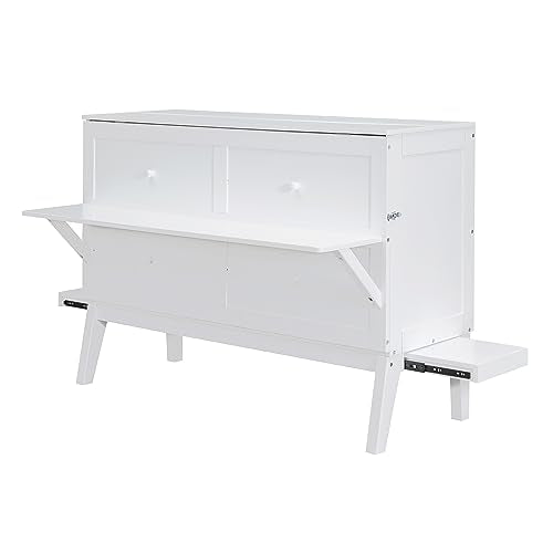 Queen Size Murphy Bed with Bookcase, Foldable Wood Frame with Storage Drawer, White D94283